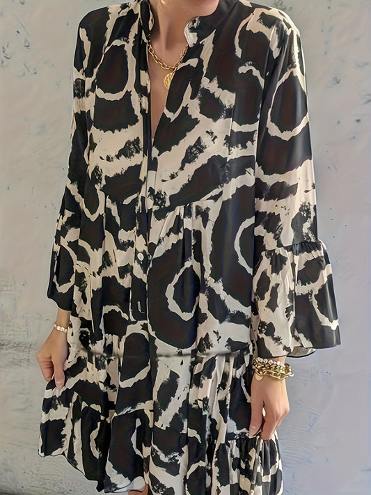 Casual Dress Random Print Button Up Bell Sleeve V Neck Smock Dress