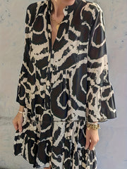  Casual Dress Random Print Button Up Bell Sleeve V Neck Smock Dress