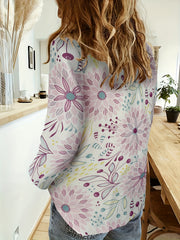  Casual Blouse Women's Plus Allover Floral Print Long Sleeve Button Up