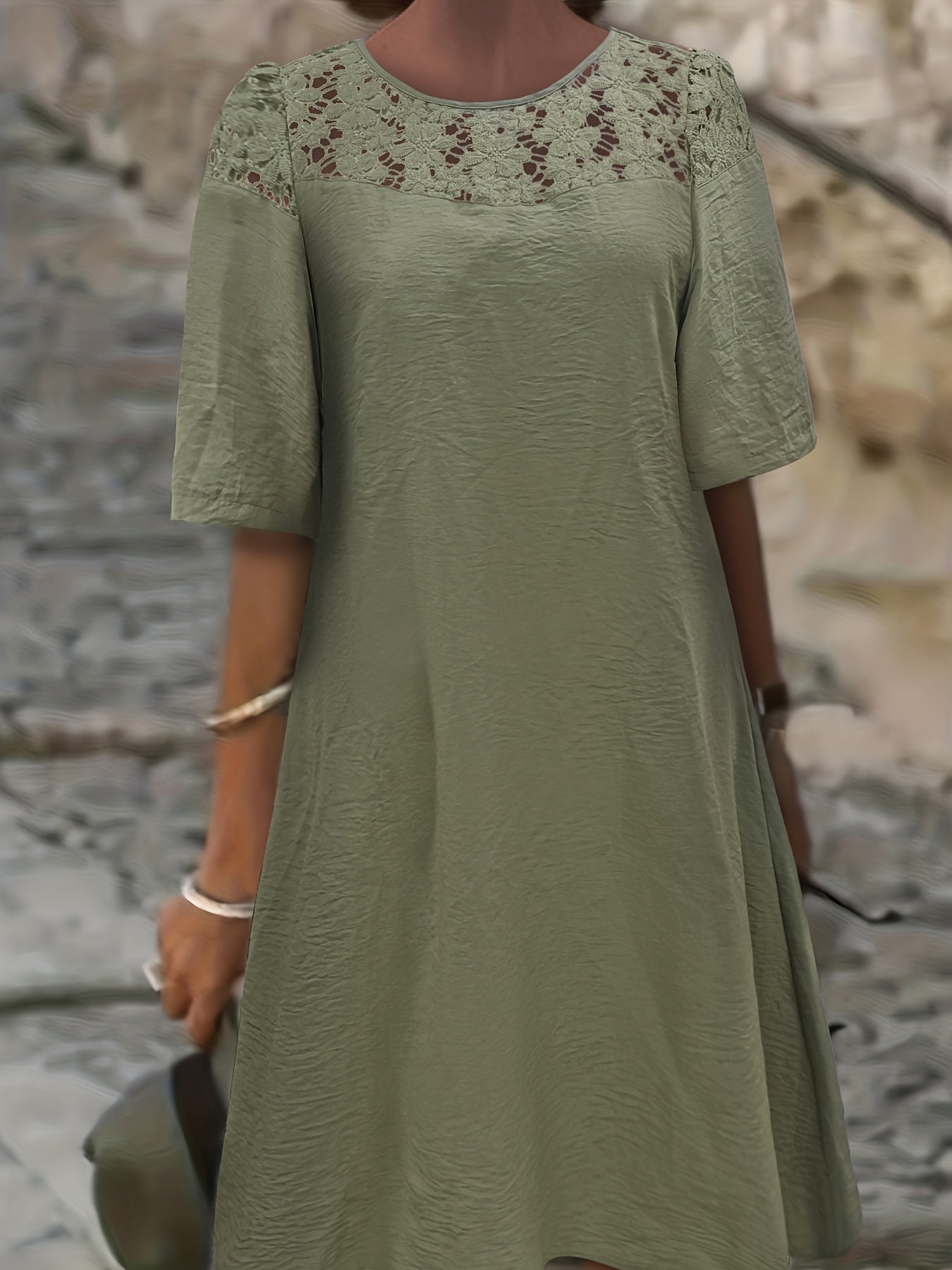  Casual Dress Women's Plus Solid Contrast Lace Short Sleeve Dress