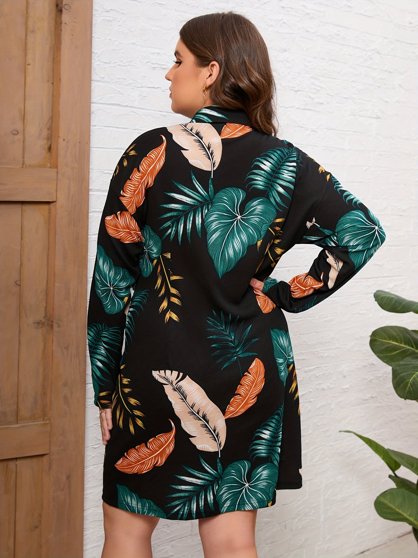  Tropical Print Button Up Long Sleeve Shirt Dress
