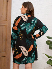  Tropical Print Button Up Long Sleeve Shirt Dress