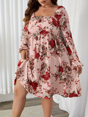  Floral Print Lantern Sleeve Square Neck Dress