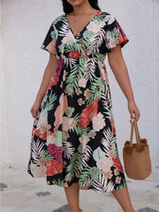  Tropical Print Flutter Sleeve Midi Dress