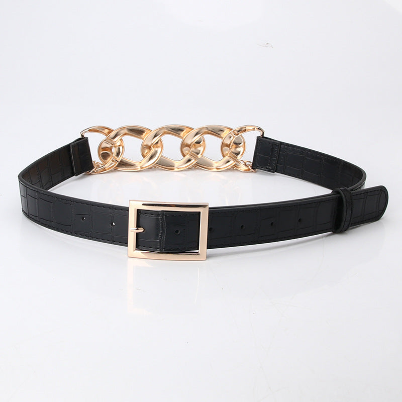 Chain Buckle Belt PU Leather Decor Waist Dress Coat Waistband