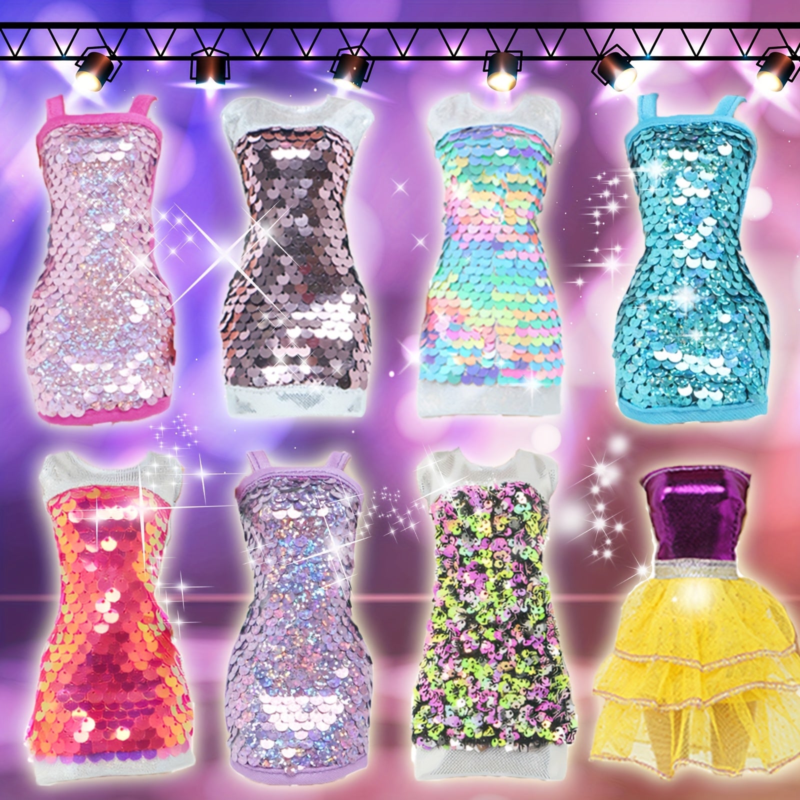 12-Piece Doll Clothes Set: Sequin Dresses, Floral Skirts, Tops, Pants, Bikini