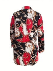  Colorblock Baroque Print Button Up Long Sleeve Shirt Dress