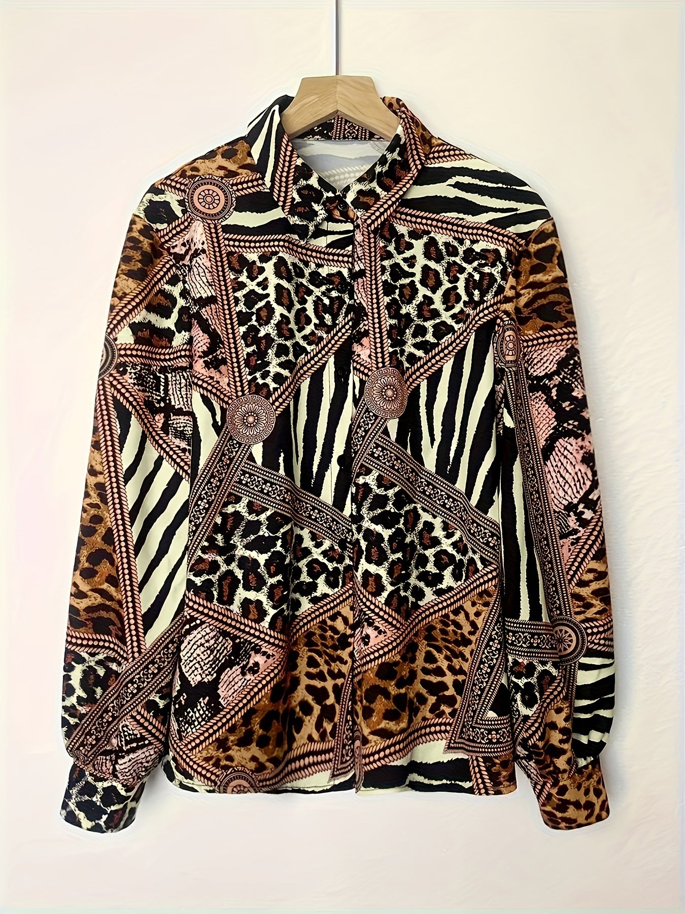  Colorblock Leopard Print Button Up Lantern Sleeve Blouse