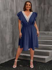  Colorblock Lace Ruffle Sleeve V Neck Dress