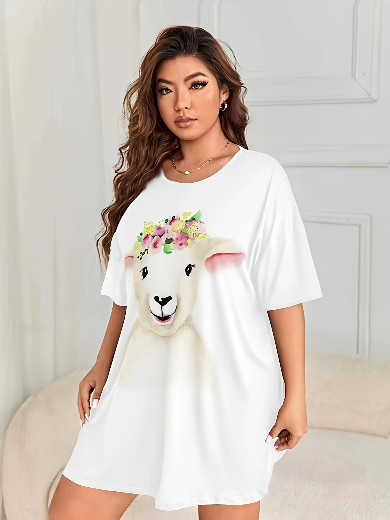  Lamb Print Nightdress Round Neck Short Sleeve Loungewear Dress