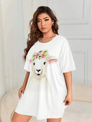  Lamb Print Nightdress Round Neck Short Sleeve Loungewear Dress