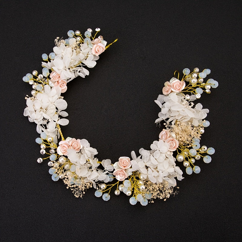 Bridal Headband Wedding Hair Band with Faux Crystal Pearl Flower