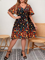  Floral Print Bat Sleeve Midi Dress