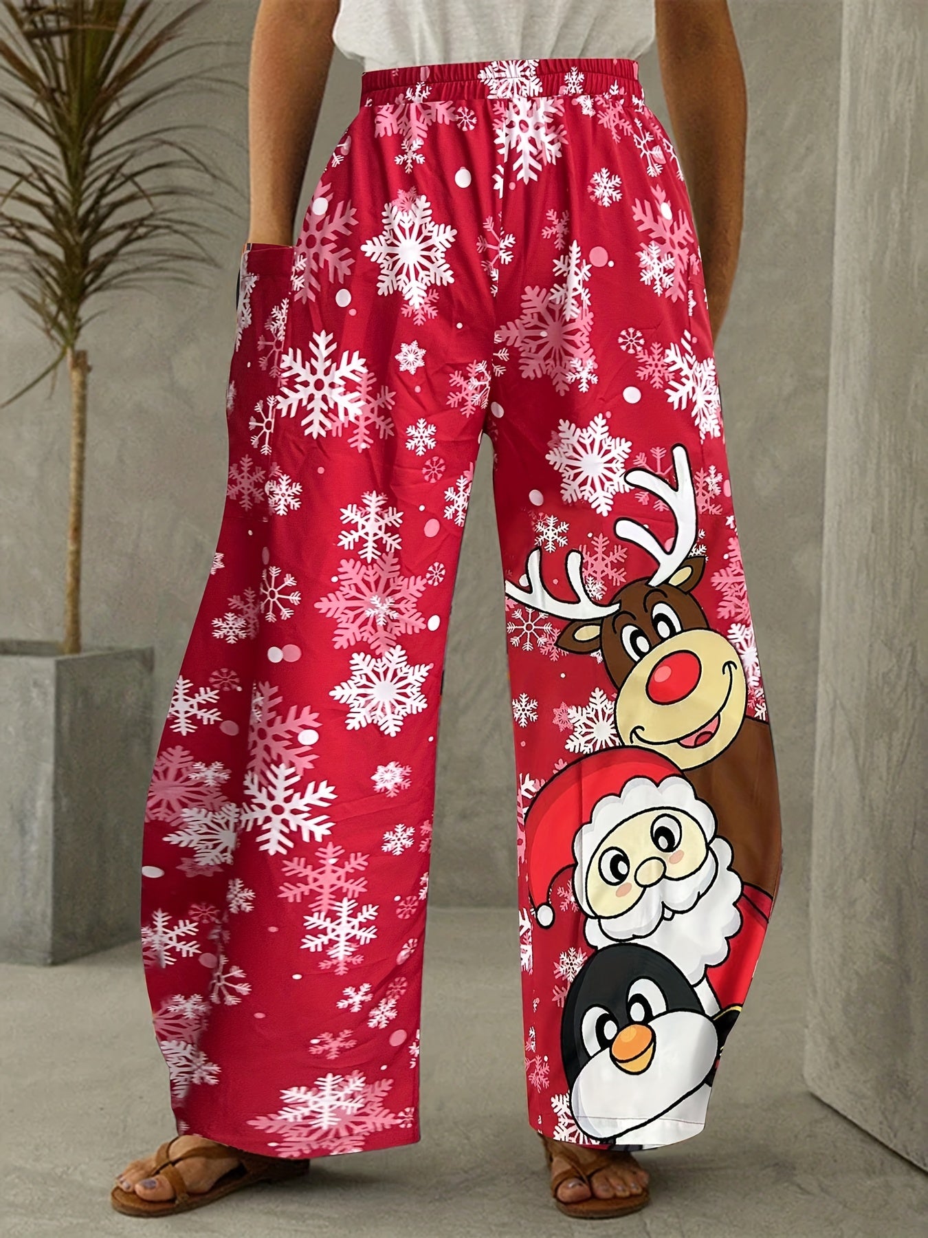 Women's Plus Santa Claus & Reindeer Print Wide Leg Pants