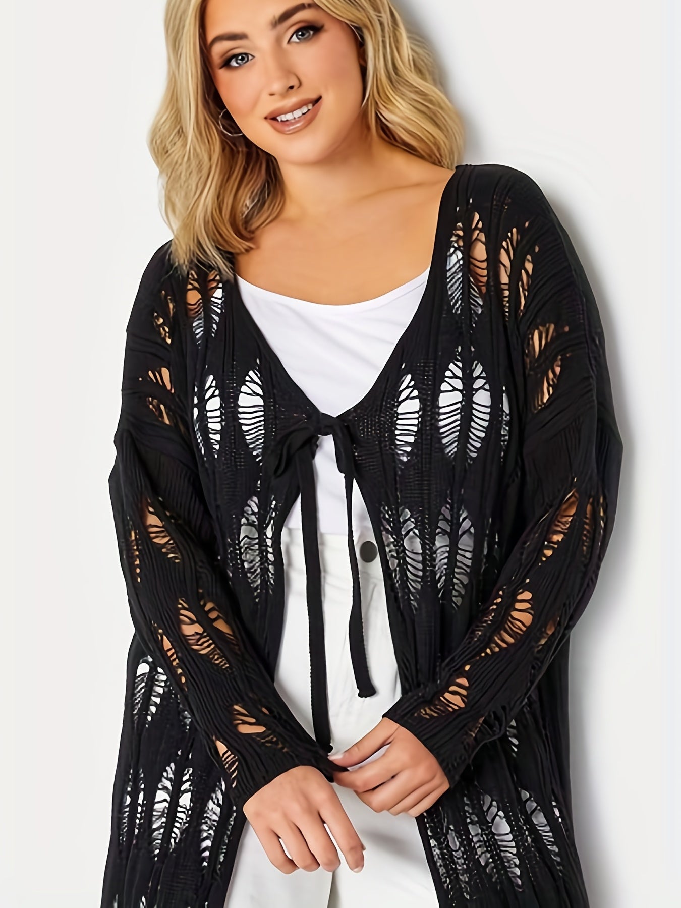  Sexy Cardigan Women's Plus Hollow Out Knit Long Cardigan