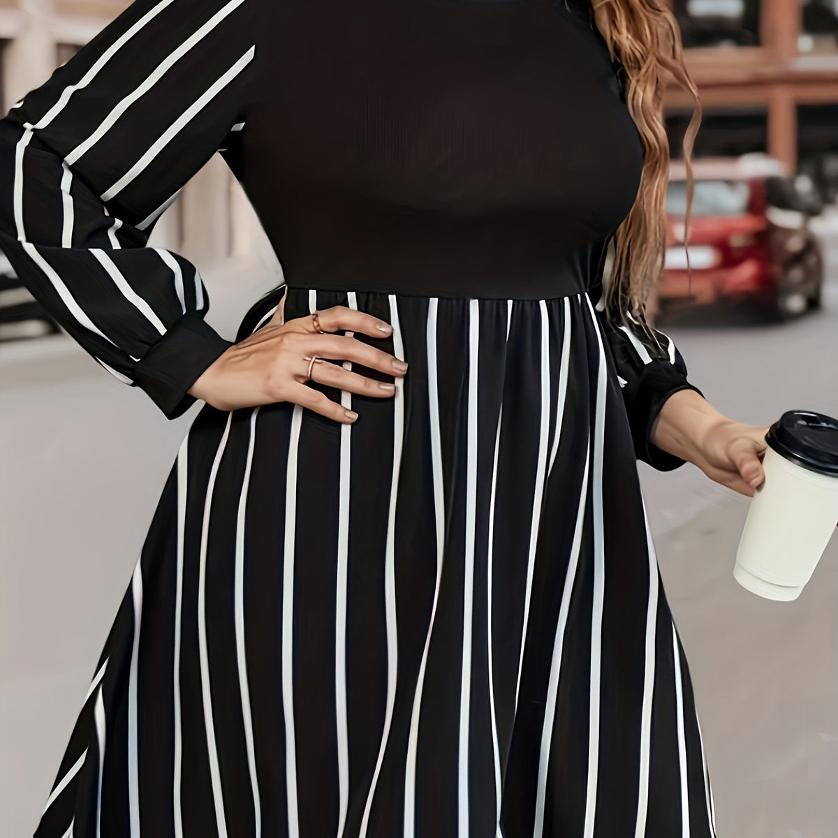  Colorblock Striped Long Sleeve Round Neck Dress