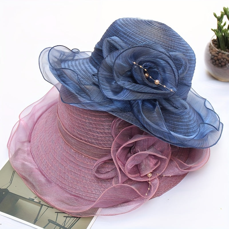 Organza Mesh Flower Sun Hat Striped Ruffles Bucket Hat