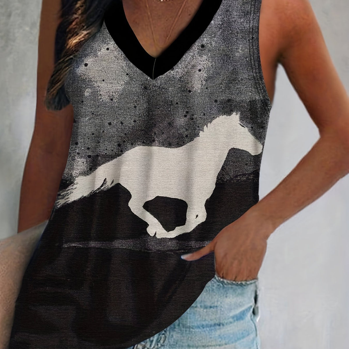  Colorblock Horse Print Tank Top