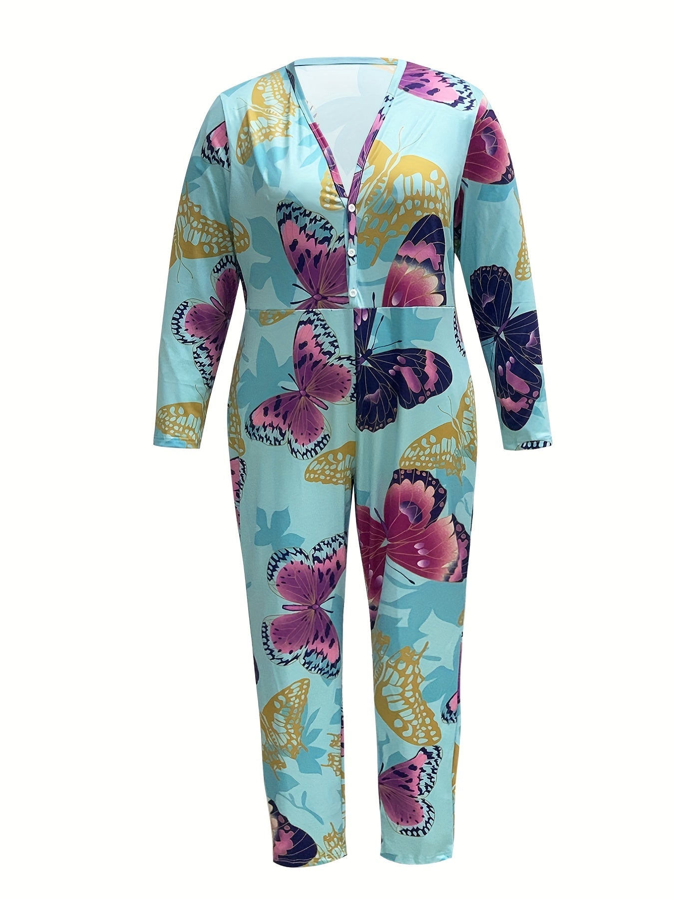  Butterfly Print V Neck Long Sleeve Jumpsuit