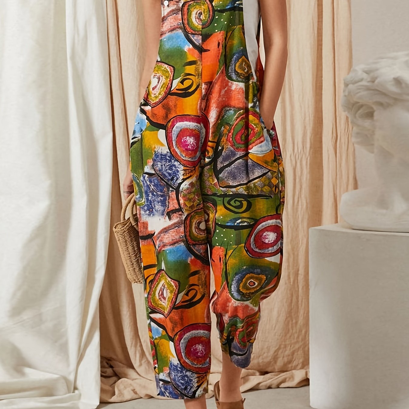 Abstract Print Button Jumpsuit for Women