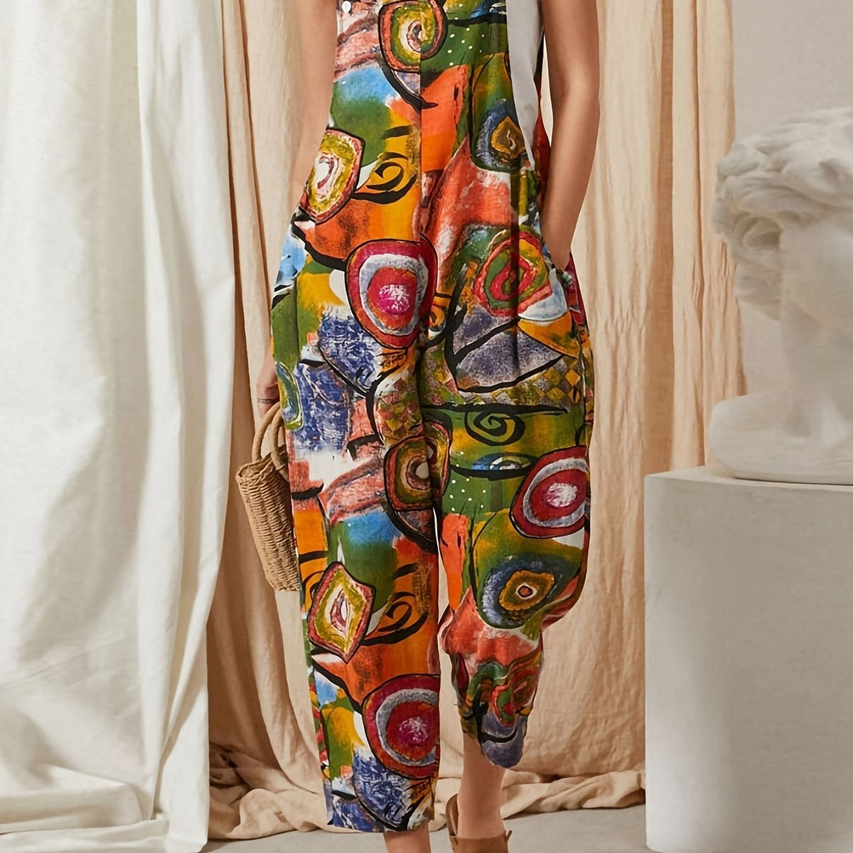 Abstract Print Button Jumpsuit for Women