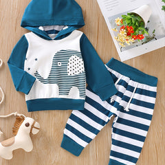 2pcs Baby Boys Elephant Hoodie & Striped Pants Set