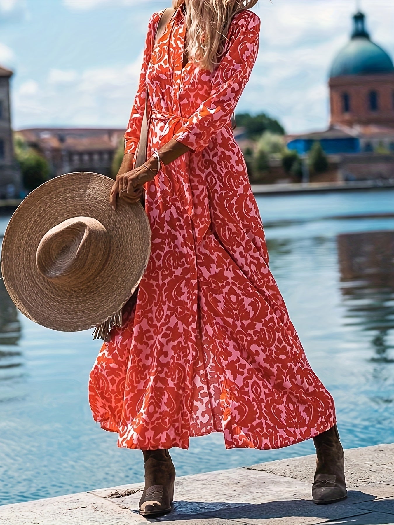  Boho Dress Allover Print Maxi Shirt Dress