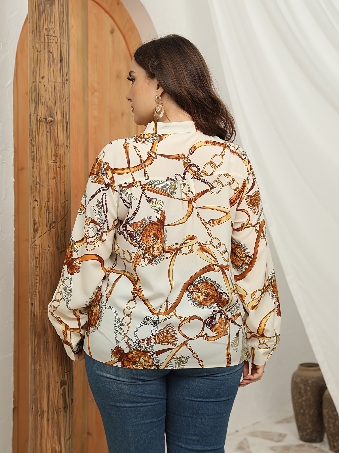  Baroque Print Stand Collar Blouse Long Sleeve Shirt