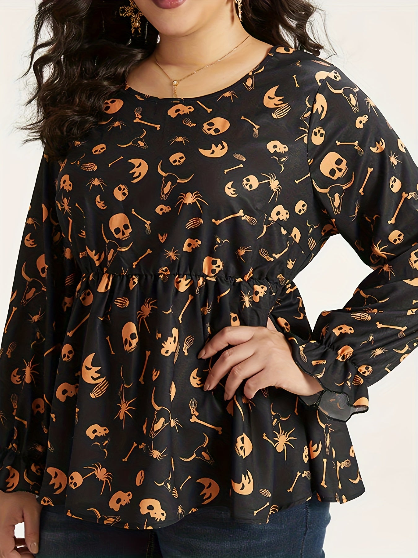  Halloween Skull Print Peplum Top