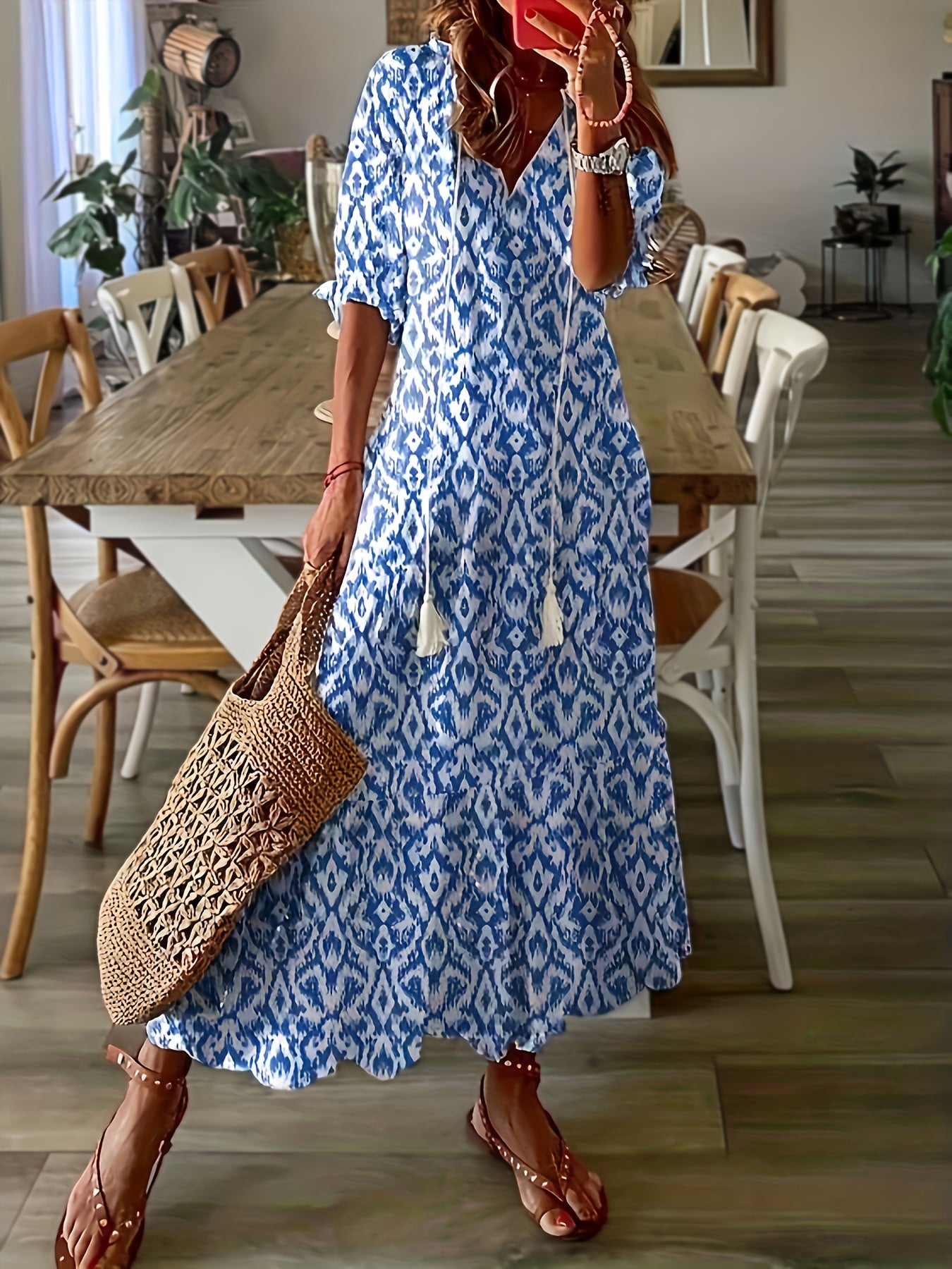 Women's Plus V Neck Ikat Print Maxi Dress with Tassel Detail