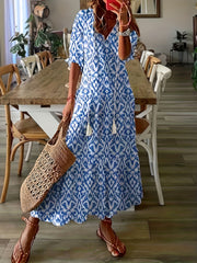 Women's Plus V Neck Ikat Print Maxi Dress with Tassel Detail