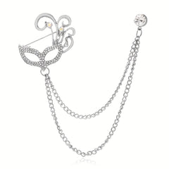 Fox Mask Brooch Crystal Tassel Chain Lapel Pins Suit Accessories