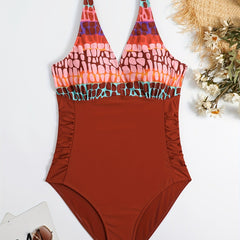  Colorblock Leopard Ruched Side One Piece Swimsuit