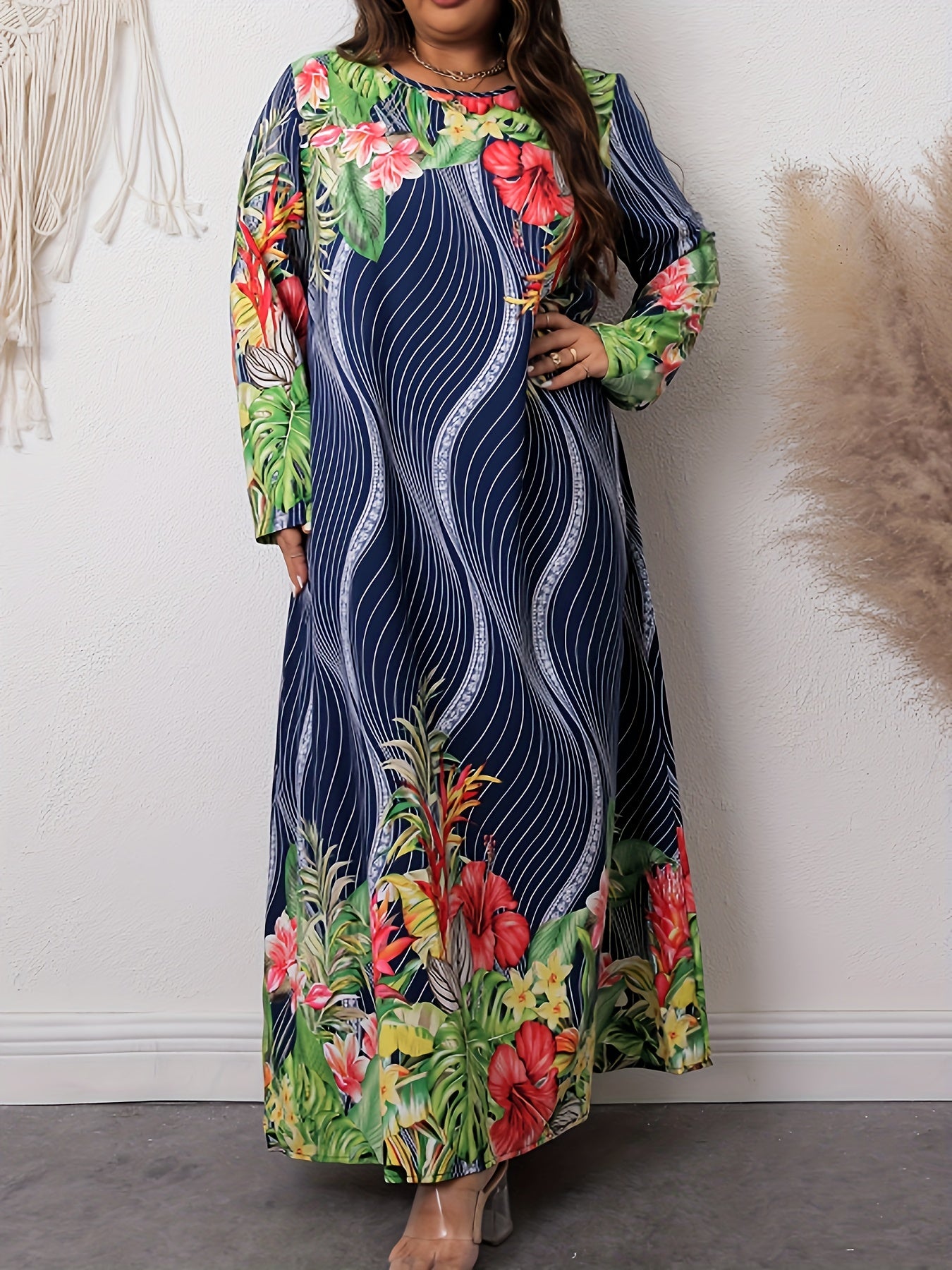  Stripe & Tropical Print Maxi Dress