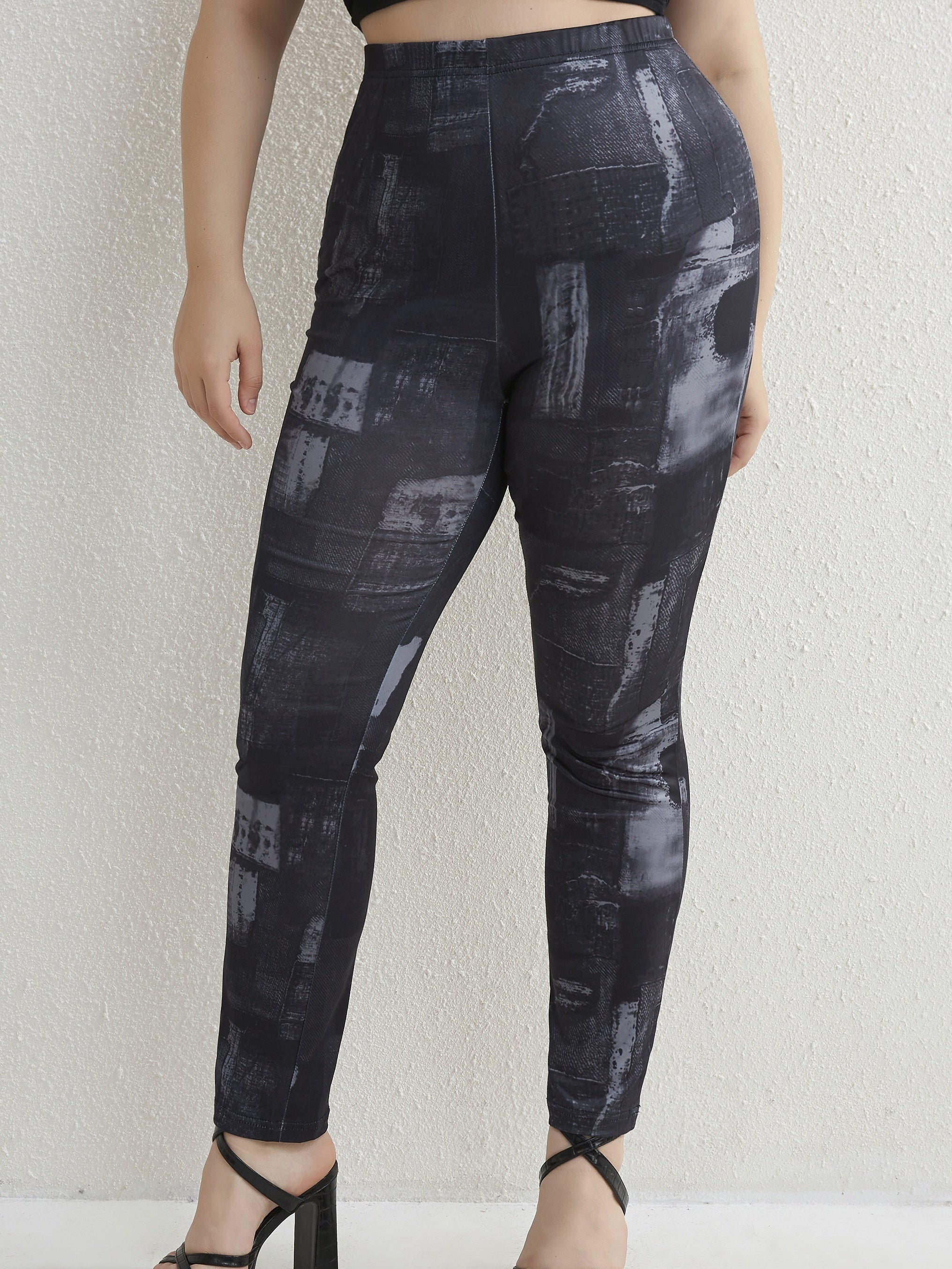  Colorblock Denim Print Stretch Leggings