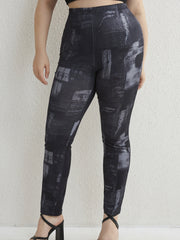  Colorblock Denim Print Stretch Leggings
