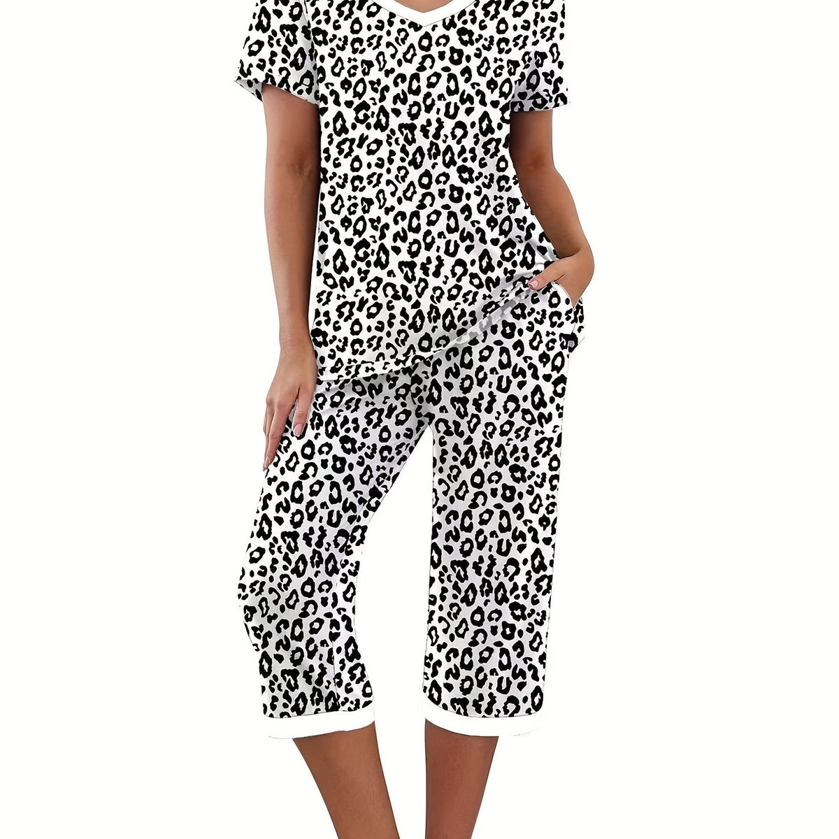 Leopard Print Lounge Set V Neck Short Sleeve Top & Elastic Waistband Pants
