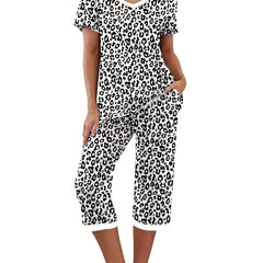 Leopard Print Lounge Set V Neck Short Sleeve Top & Elastic Waistband Pants
