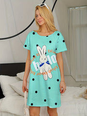 Bunny Print Lounge Dress - Women's Comfy Short Sleeve Home Dress