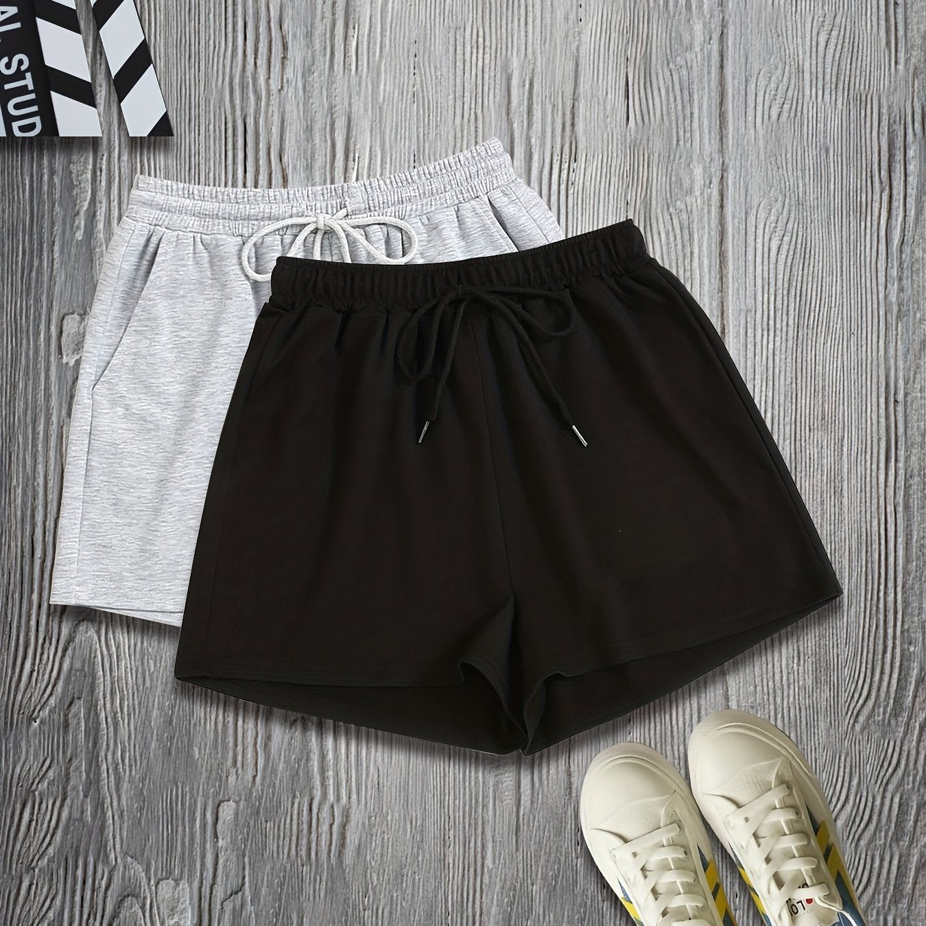 2 Pack Plus Size Casual Shorts Set Women's Plus Drawstring Baggy Shorts