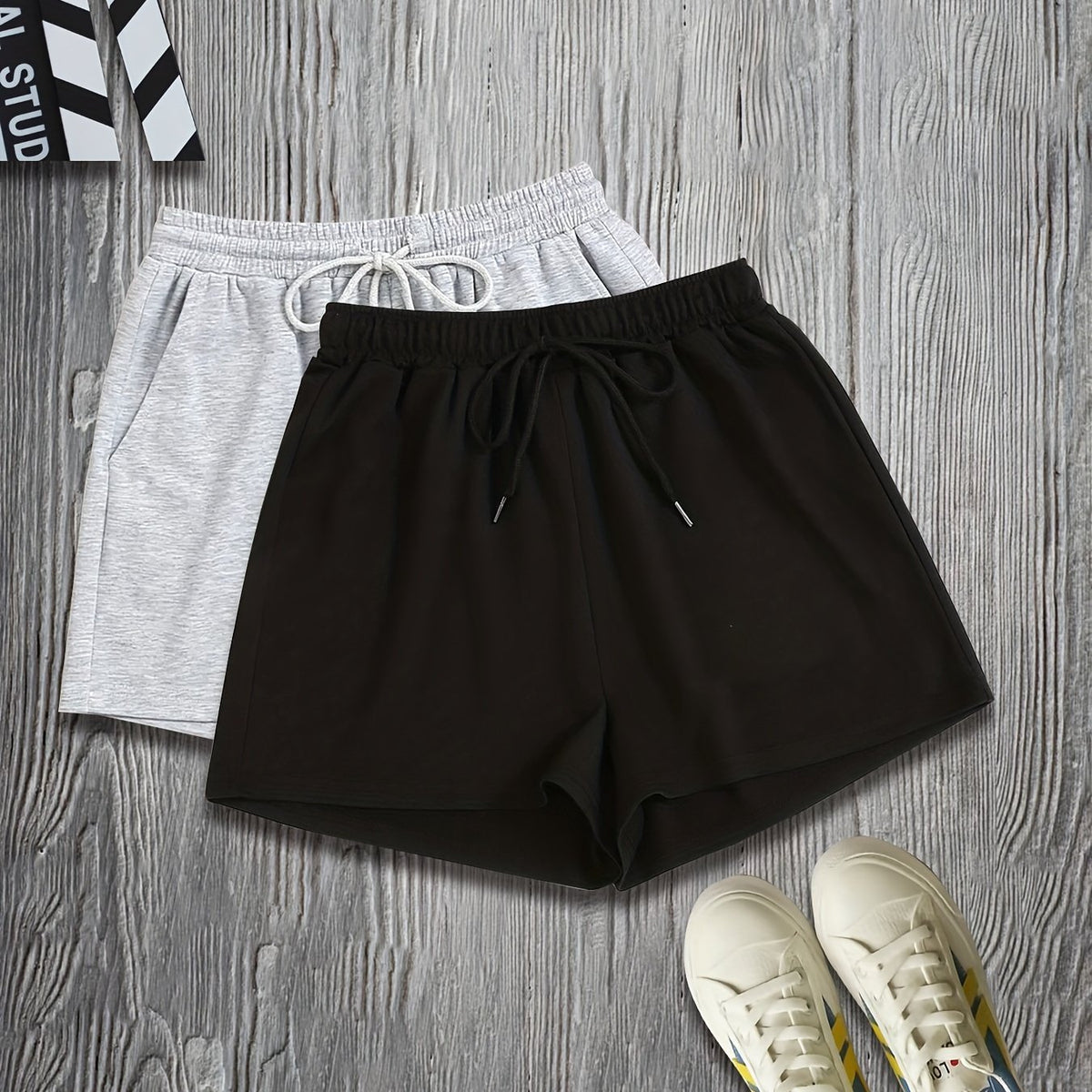 2 Pack Plus Size Casual Shorts Set Women's Plus Drawstring Baggy Shorts