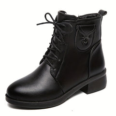 Women's Side Zipper Boots Round Toe Lace Up Shoes Solid Boots
