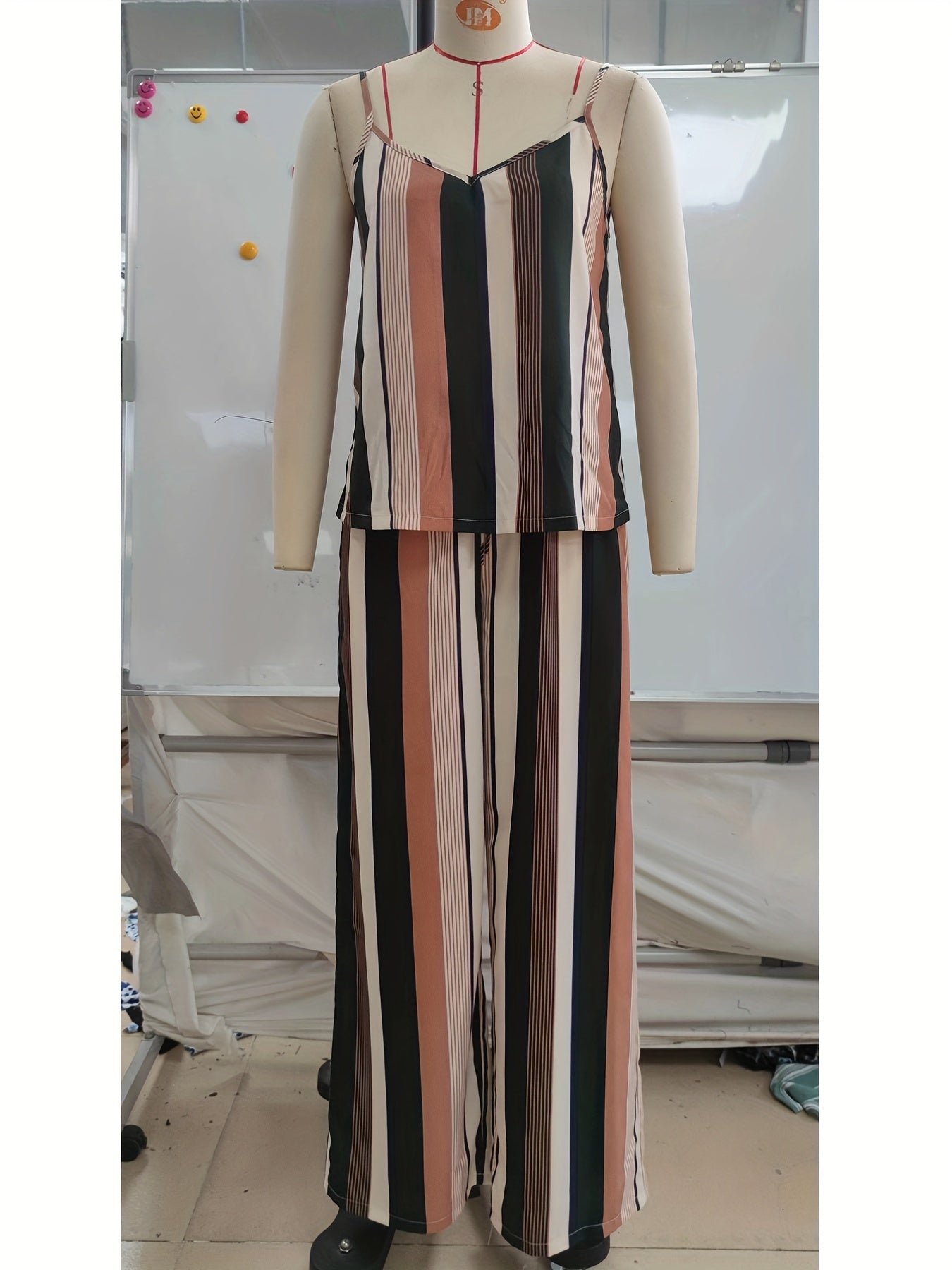 Stripe Print Two piece Set Sleeveless Cami Top & Tie waist Pants