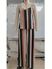 Stripe Print Two piece Set Sleeveless Cami Top & Tie waist Pants