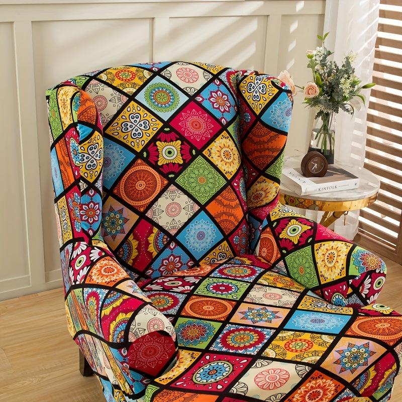 2pcs Wingback Chair Slipcover Spandex Printed Fabric Furniture Protector