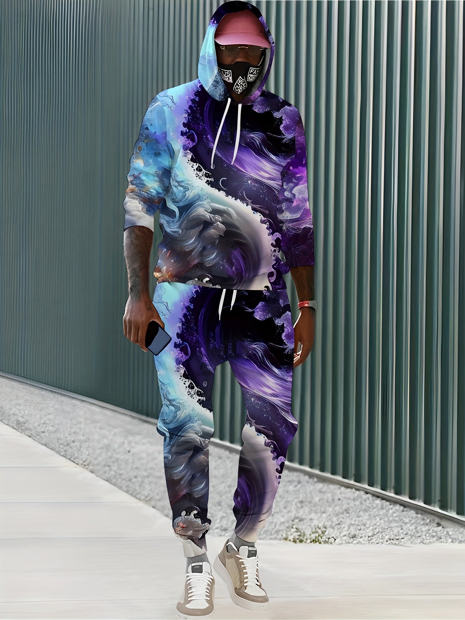 Sea Wave 3d Print Men's 2pcs Hoodie & Sweatpants Set for Autumn Winter