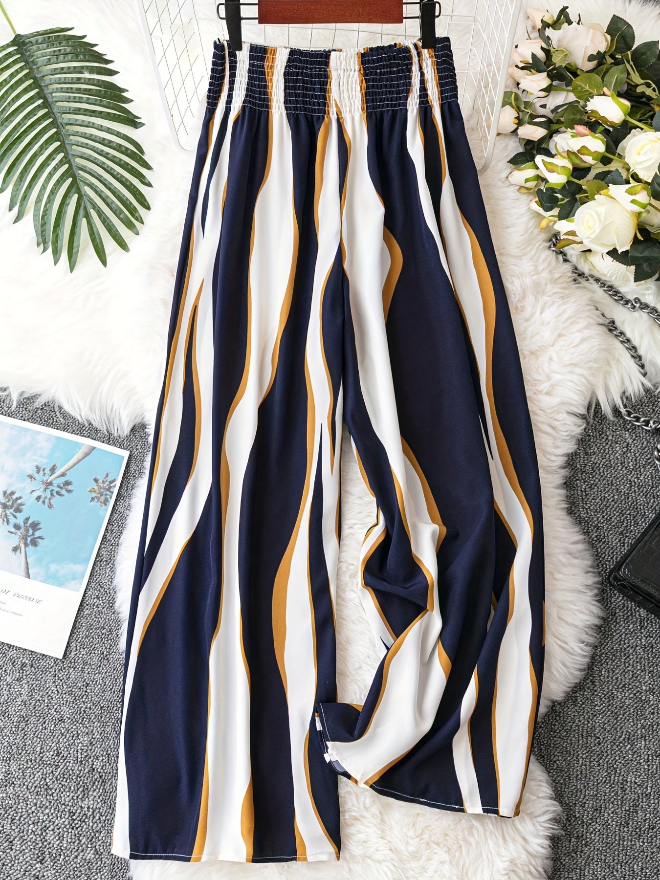 Women's Plus Striped Print Wide Leg Trousers