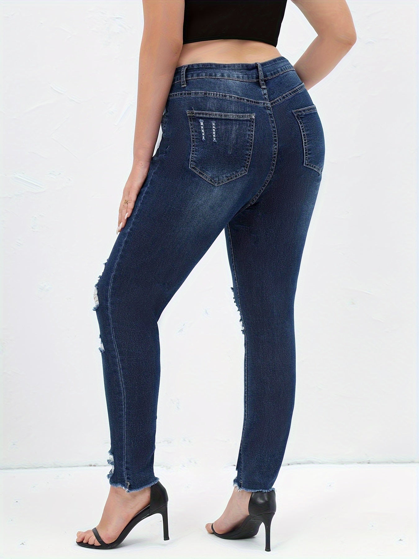  Casual Jeans Women's Plus Solid Ripped Skinny Jeans
