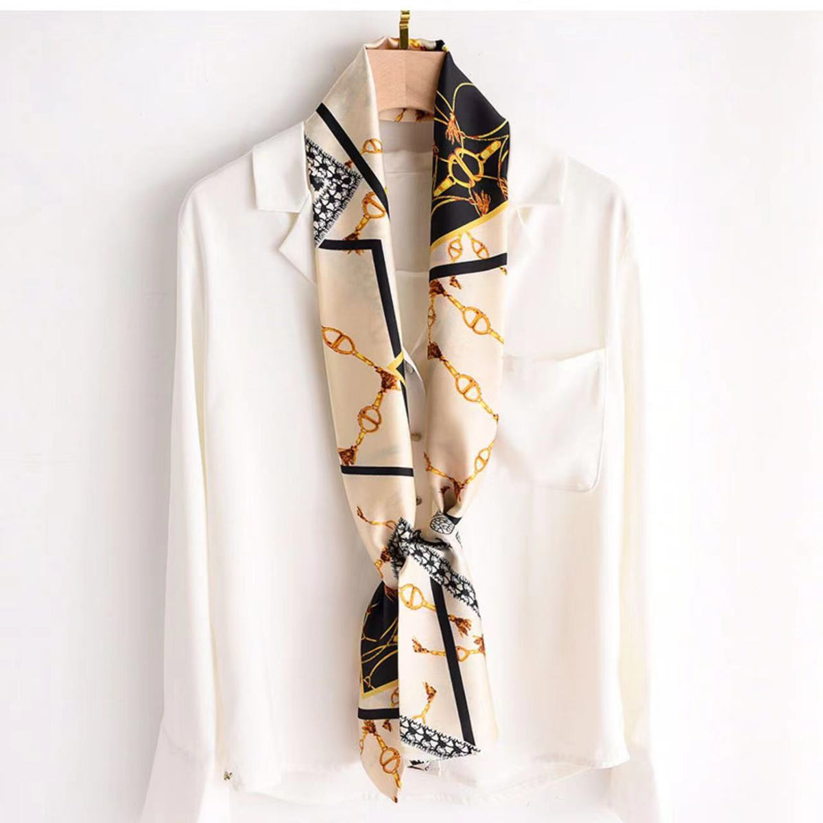 Pink Silk Scarf & Chain Towel Women Neck Scarf