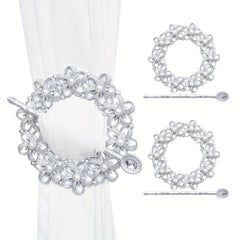 2pcs Flower Pattern Faux Pearl Curtain Tieback Curtain Holdback